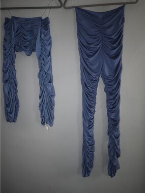 Ruched Denim Blue Boot Flare Pants and Top Set - Women
